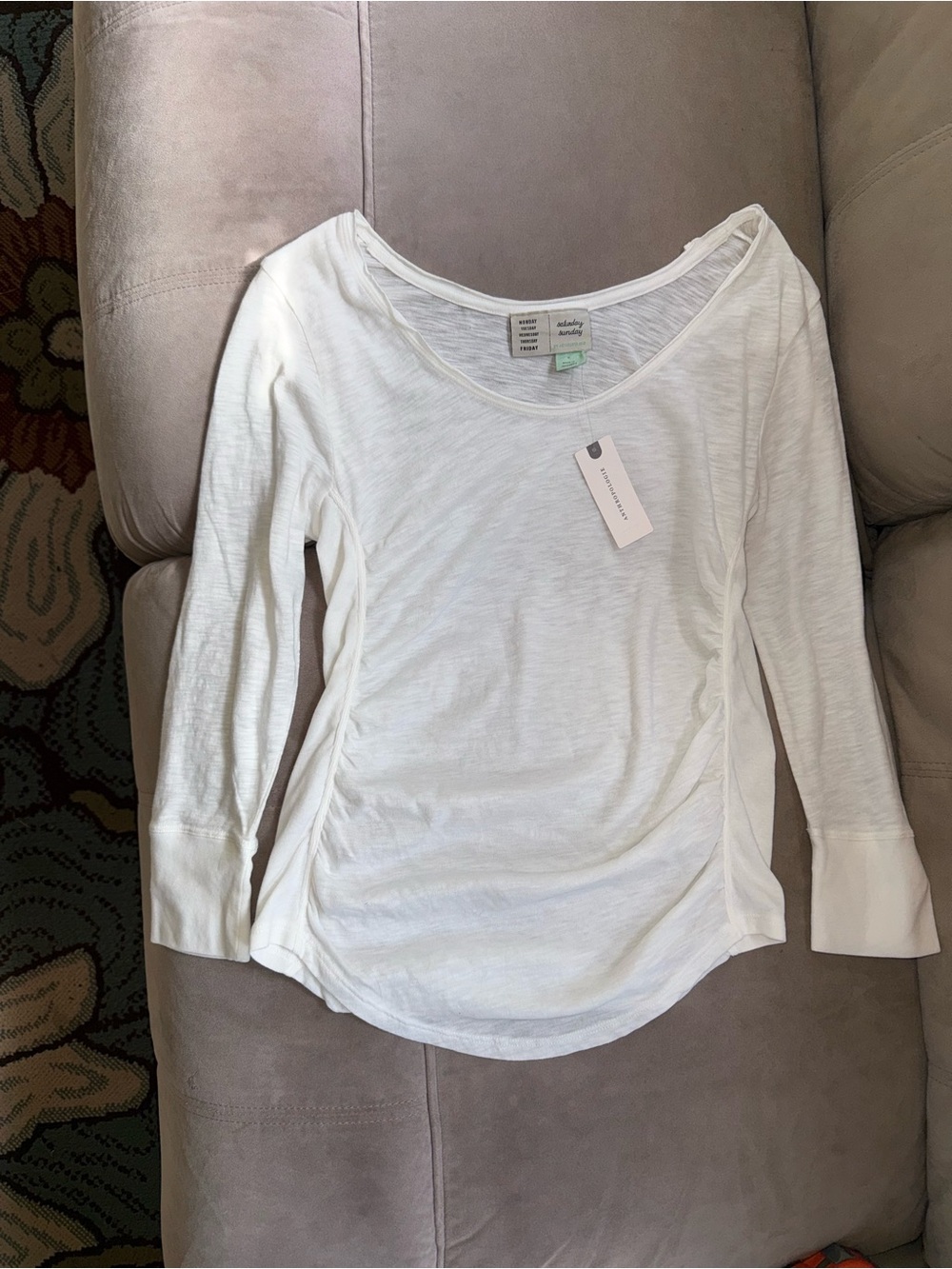 Anthropologie White Long-Sleeve Ruched T-Shirt, NW